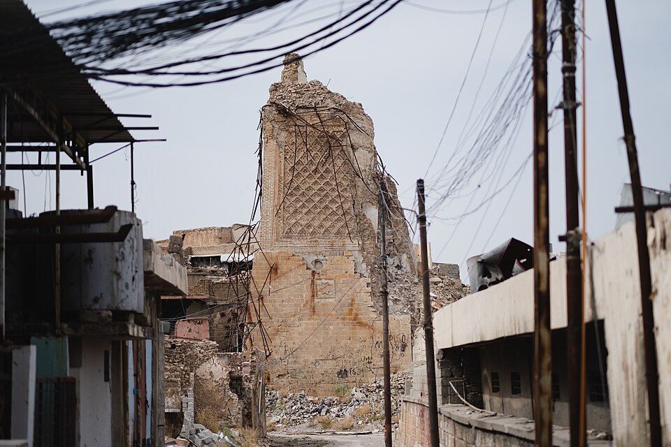 Al-Nuri Mosque ruins in 2019 · historical photograph
